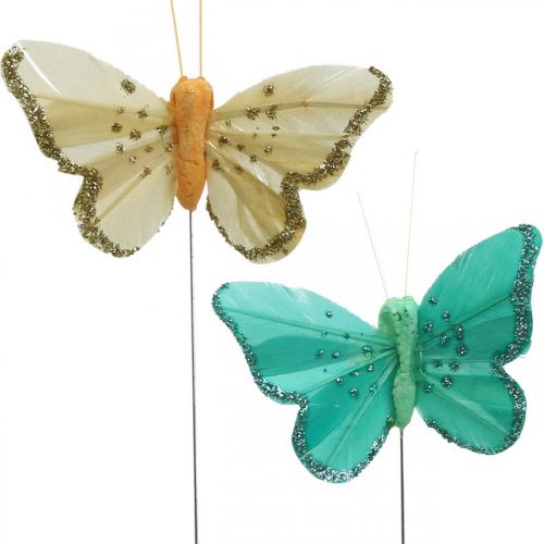Mariposa con purpurina, tapones decorativos, mariposa de plumas amarillo primavera, turquesa, verde 4×6,5 cm 24 uds.