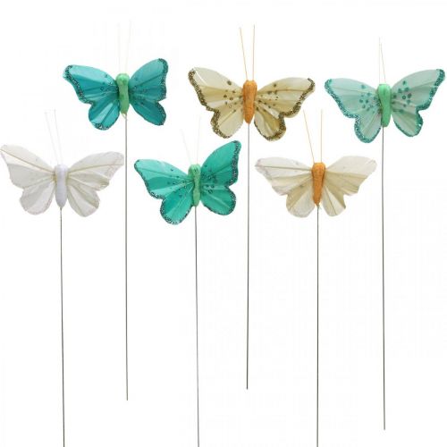 Mariposa con purpurina, tapones decorativos, mariposa de plumas amarillo primavera, turquesa, verde 4×6,5 cm 24 uds.