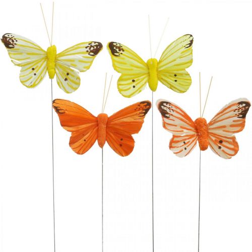 Floristik24 Mariposas decorativas, tapones de flores, mariposas de primavera en alambre amarillo, naranja 4×6,5 cm 12 piezas