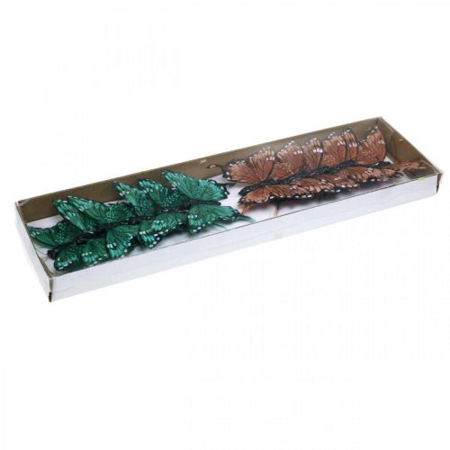Floristik24 Mariposas decorativas, decoración de primavera, mariposas de plumas, tapones de plantas verde, marrón 9,5×12,5 cm 12 piezas