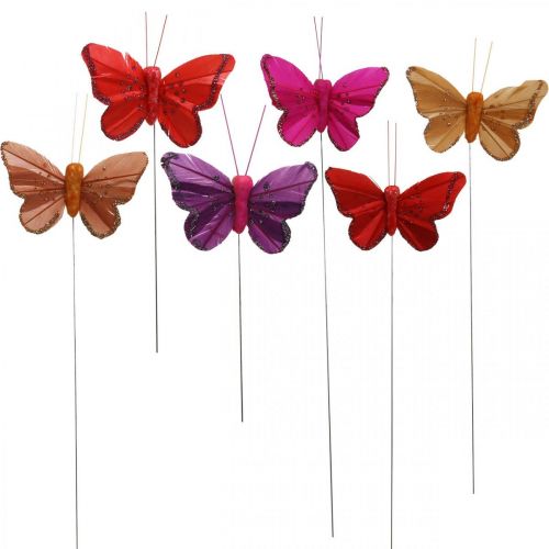 Floristik24 Primavera, mariposas de plumas con mica, mariposa decorativa rojo, naranja, rosa, violeta 4×6,5cm 24 piezas