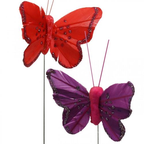 Floristik24 Primavera, mariposas de plumas con mica, mariposa decorativa rojo, naranja, rosa, violeta 4×6,5cm 24 piezas