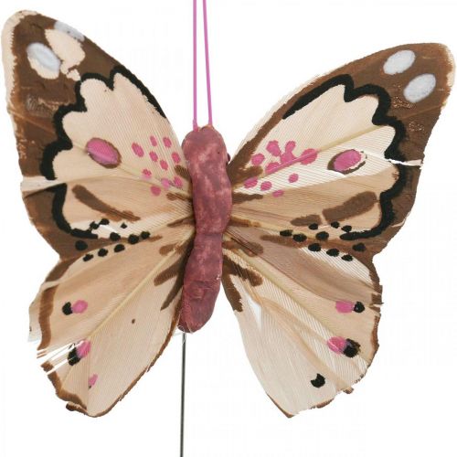 Floristik24 Mariposas de plumas, mariposas decorativas en un palo, tapones de flores rosa, naranja, violeta, marrón, azul, beige 6×8cm 12 piezas