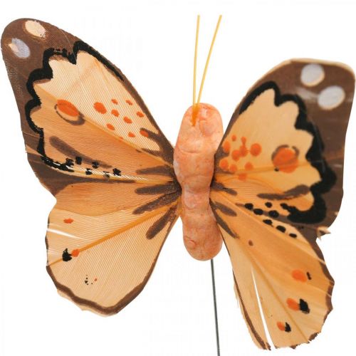 Floristik24 Mariposas de plumas, mariposas decorativas en un palo, tapones de flores rosa, naranja, violeta, marrón, azul, beige 6×8cm 12 piezas