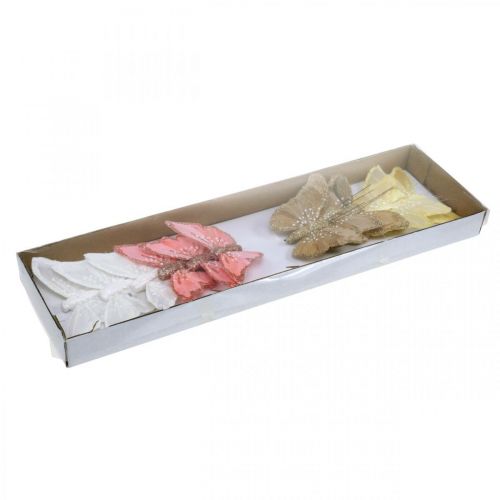 Floristik24 Mariposas con mica, decoración de boda, tapón decorativo, mariposa de plumas amarillo, beige, rosa, blanco 9,5×12,5cm 12 piezas
