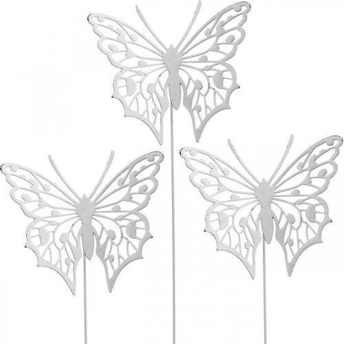 Floristik24 Enchufe de flor mariposa, decoración de jardín de metal, enchufe de planta blanco shabby chic, plata L51cm 3pcs