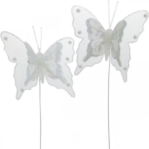 Floristik24 Mariposas con perlas y mica, decoración de boda, mariposa de plumas sobre alambre blanco