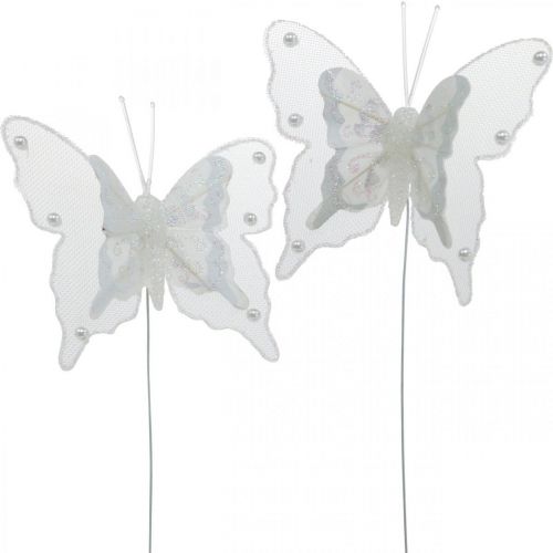 Floristik24 Mariposas con perlas y mica, adornos de boda, mariposas de plumas sobre alambre blanco