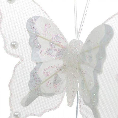 Mariposas con perlas y mica, adornos de boda, mariposas de plumas sobre alambre blanco