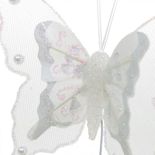 Floristik24 Mariposas con perlas y mica, decoración de boda, mariposa de plumas sobre alambre blanco