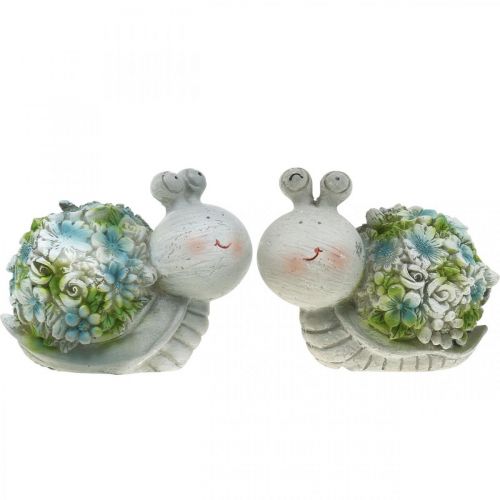 Floristik24 Caracoles con flores decoración de verano decoración de mesa gris/azul/verde 9,5 cm juego de 2