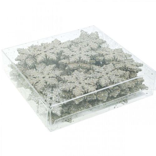 Artículo Madera copo de nieve 4cm oro claro con mica 72uds