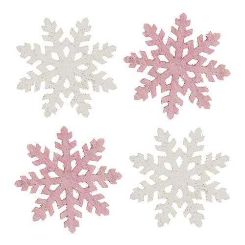 Artículo Copo de nieve 4cm rosa/blanco con purpurina 72uds