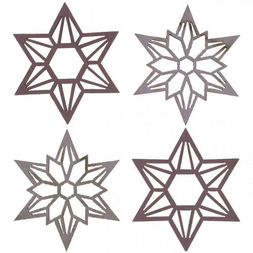Artículo Estrellas decorativas violetas estrellas de madera copos de nieve autoadhesivas 4cm mezcla 36 piezas