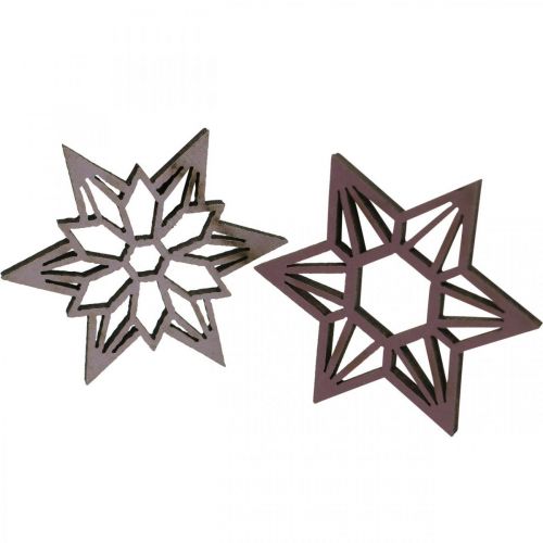 Artículo Estrellas decorativas violetas estrellas de madera copos de nieve autoadhesivas 4cm mezcla 36 piezas