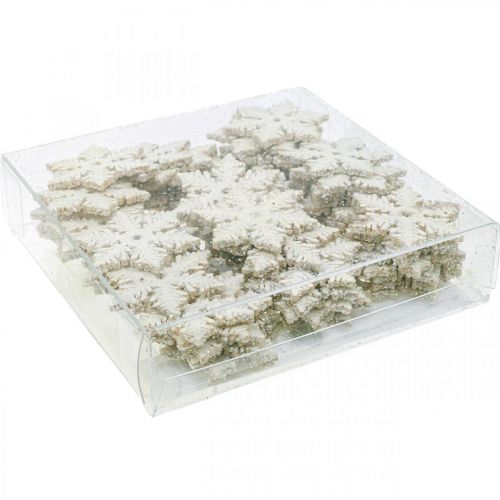 Artículo Copos de nieve madera 4cm blanco con mica 72uds