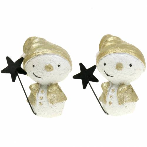 Figura decorativa muñeco de nieve blanco/dorado 7,5cm 4uds