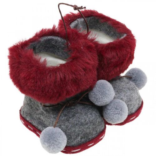 Floristik24 Botas adorno árbol navidad pompón 8cm gris/rojo 3uds