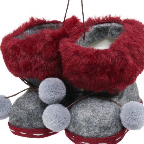 Floristik24 Botas adorno árbol navidad pompón 8cm gris/rojo 3uds
