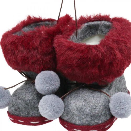 Artículo Botas adorno árbol navidad pompón 8cm gris/rojo 3uds