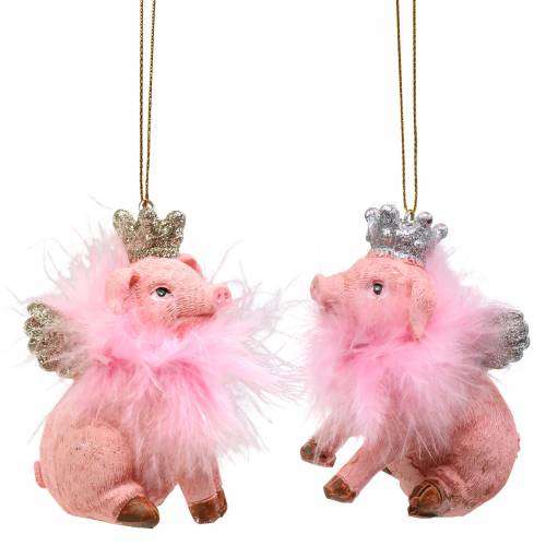Floristik24 Decoraciones para árboles de Navidad cerdo con corona 7.5cm