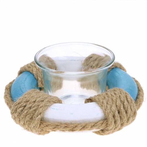 Farol decoración náutica cristal con salvavidas azul, blanco Ø12cm