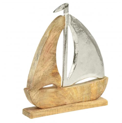 Floristik24 Decoración Velero madera mango plata natural 25,5x4x28,5cm