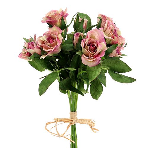 Tela de seda flores ramo de rosas L26cm rosa oscuro 3pcs | Floristik24.es