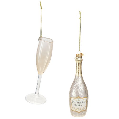 Artículo Botella y copa de champán, adornos para árboles, aniversario, adornos de cristal para colgar, víspera de Año Nuevo Juego de 2 vasos reales de 14,5 cm de altura.
