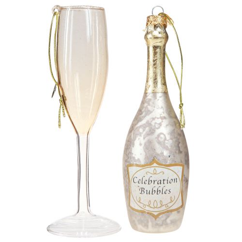 Artículo Botella y copa de champán, adornos para árboles, aniversario, adornos de cristal para colgar, víspera de Año Nuevo Juego de 2 vasos reales de 14,5 cm de altura.