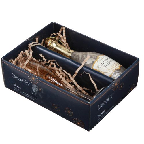 Artículo Botella y copa de champán, adornos para árboles, aniversario, adornos de cristal para colgar, víspera de Año Nuevo Juego de 2 vasos reales de 14,5 cm de altura.