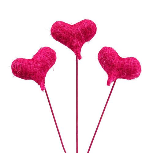 Floristik24 Corazones de sisal en el palo Rosa 8cm L25cm 24pcs