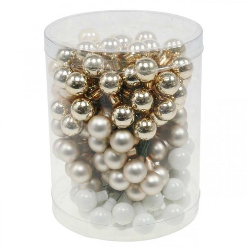 Artículo Mini bolas navideñas con alambre dorado, crema Ø1,5cm 140 piezas
