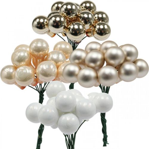 Mini bolas navideñas en alambre oro, crema Ø1,5cm 140p