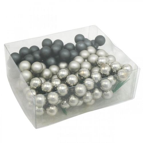 Artículo Mini bolas navideñas antracita, bayas de espejo plateadas Ø20mm 140 piezas