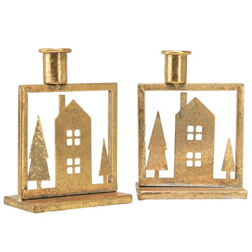 Artículo Portavelas de palo Casa navideña aspecto dorado antiguo 10×6×14cm 2ud