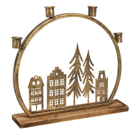 Artículo Portavelas de palo Navidad hilera de casas oro antiguo 36×32cm