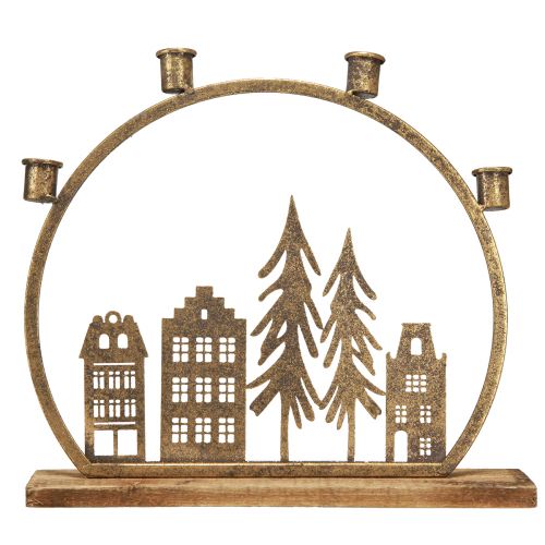 Artículo Portavelas de palo Navidad hilera de casas oro antiguo 36×32cm