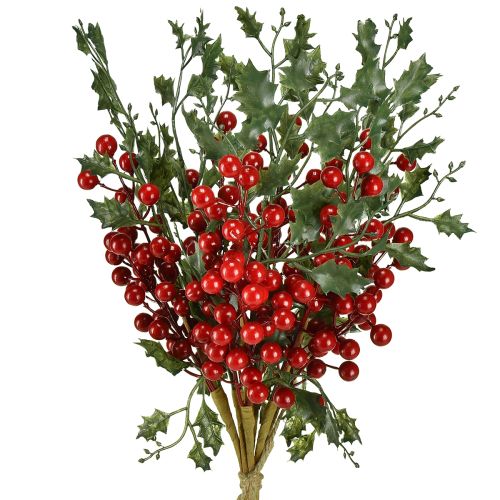 Rama de acebo de Navidad bayas Ilex artificial 45cm 6 piezas