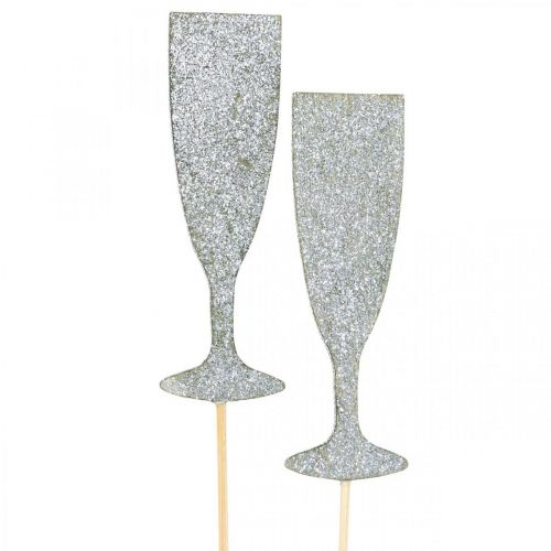 Decoración Nochevieja copa de champán tapón flor plata 9cm 18pcs