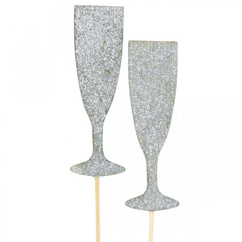 Floristik24 Decoración de Nochevieja copa de champán tapones de flores plateados 9cm 18 piezas