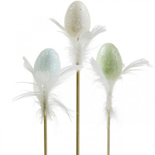 Floristik24 Huevos de Pascua artificiales en un palo huevo de decoración pastel con plumas H4cm 18pcs