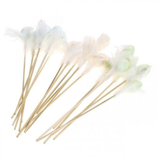 Floristik24 Huevos de Pascua artificiales en palo huevo decorativo en colores pastel con plumas Al.4cm 18 piezas
