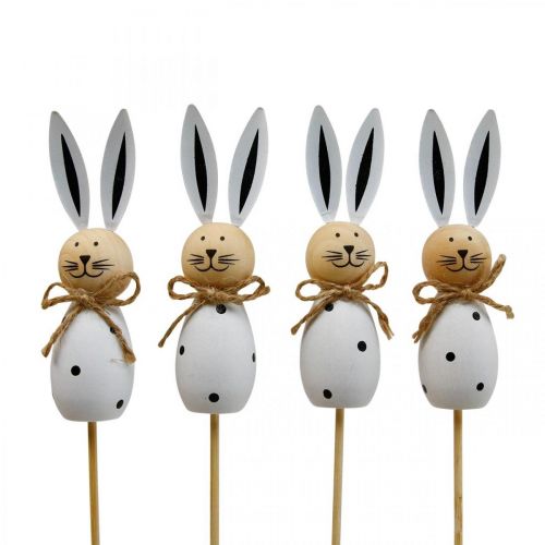 Artículo Conejo de Pascua de madera con forma de flor, color negro y blanco, 34 cm de alto, 4 unidades
