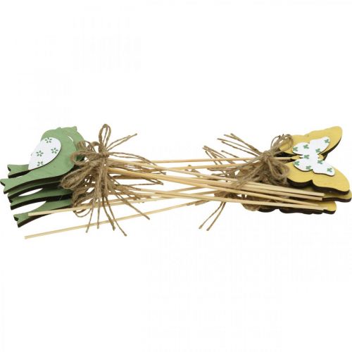Artículo Tapón pájaro mariposa, decoración madera, tapón planta decoración primavera verde, amarillo L24/25cm 12uds