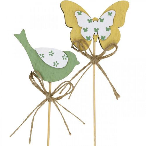 Floristik24 Tapón pájaro mariposa, decoración madera, tapón planta decoración primavera verde, amarillo L24/25cm 12uds