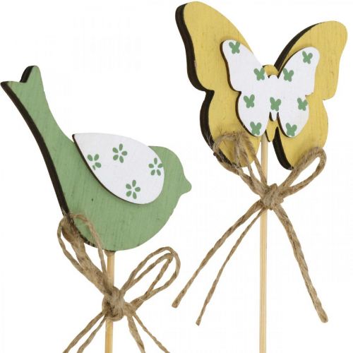 Artículo Tapón pájaro mariposa, decoración madera, tapón planta decoración primavera verde, amarillo L24/25cm 12uds