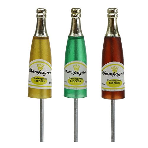 Floristik24 Enchufe botellas de champán marrón, verde, amarillo 7.5cm L28.5cm 12pcs