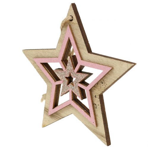 Artículo Estrella de madera rosa natural para colgar 10cm 6pcs