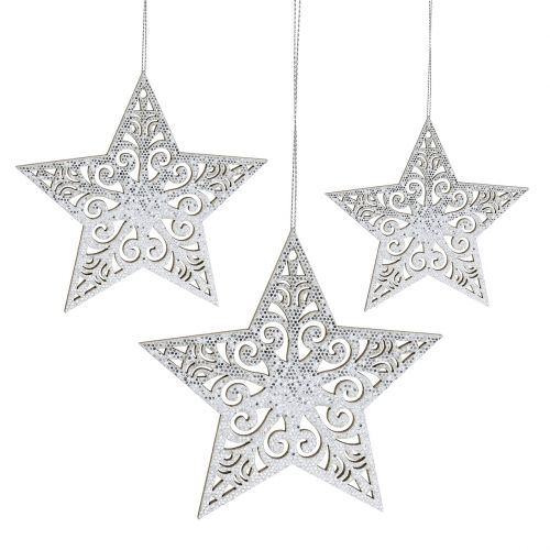 Floristik24 Estrella plateada para colgar 8cm - 12cm 9ud